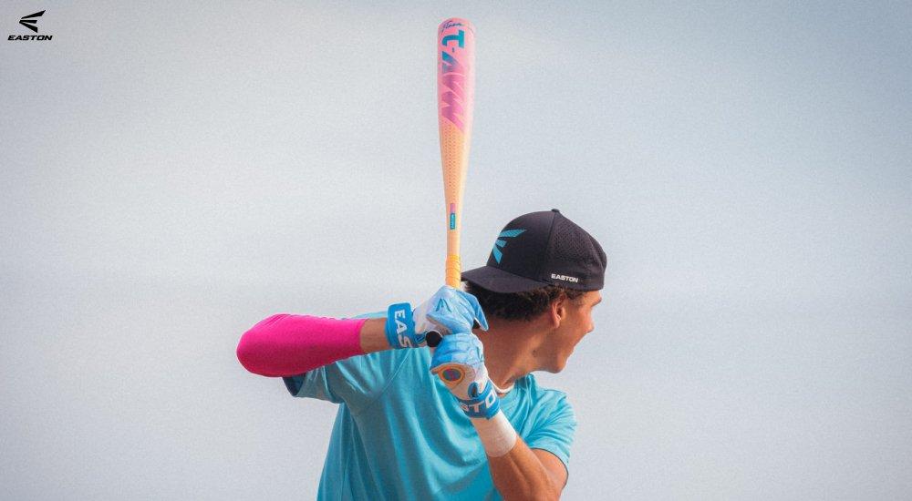 a player holding an Easton baseball bat at practice